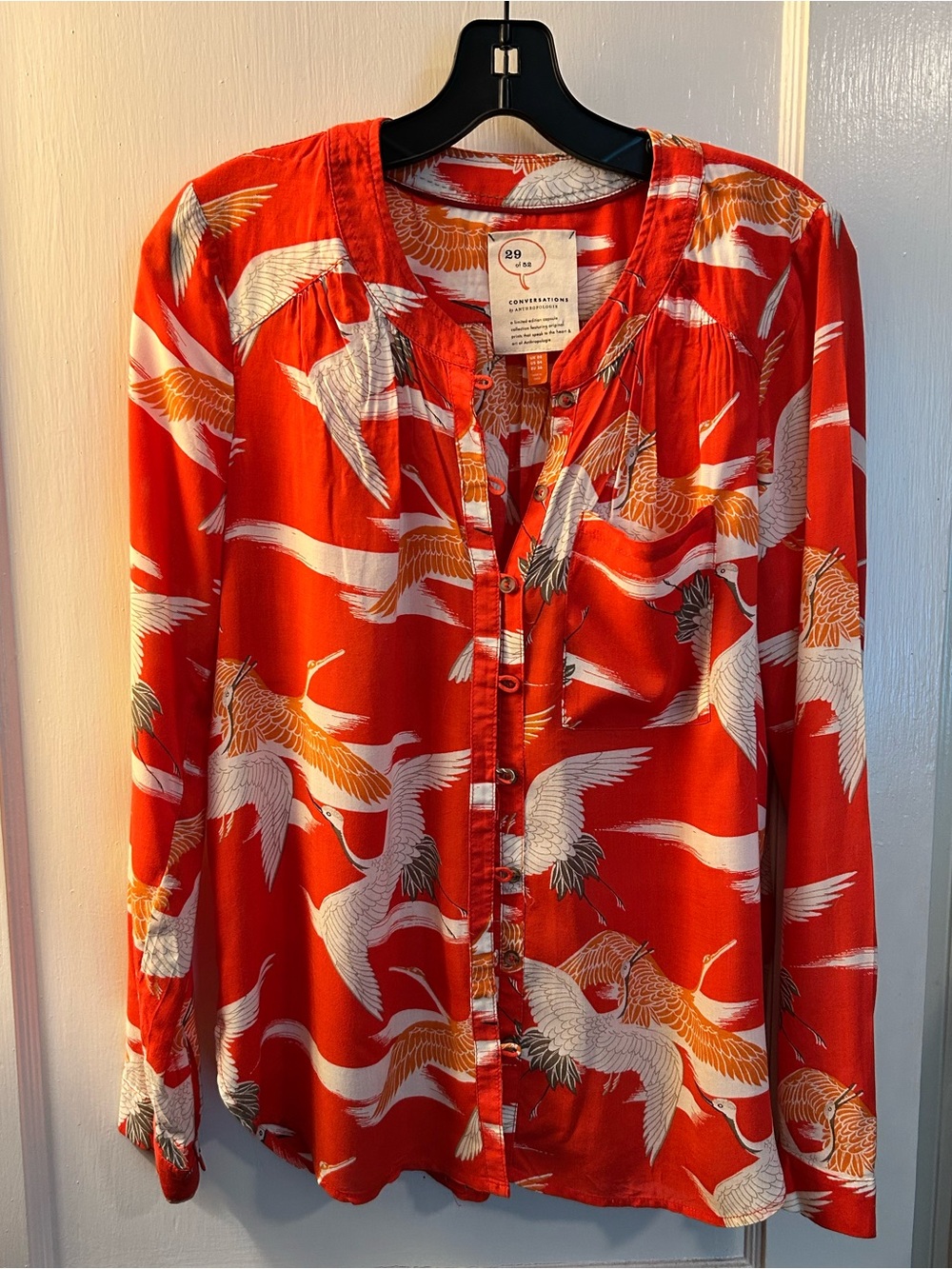 Anthropologie Red/Orange Crane Print Button-Down Blouse